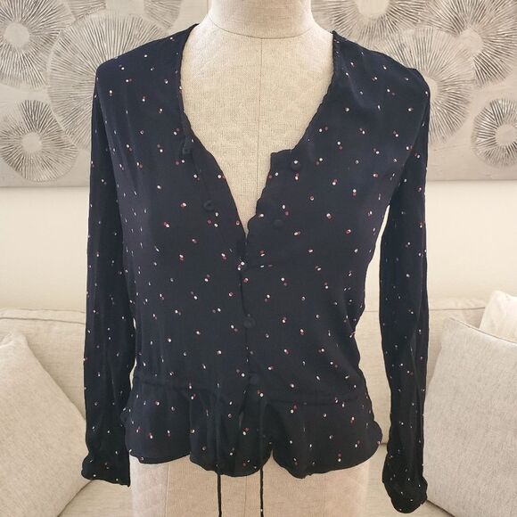 Rails Button Front Peplum Blouse  - size Small in Black Dots - Picture 6 of 14